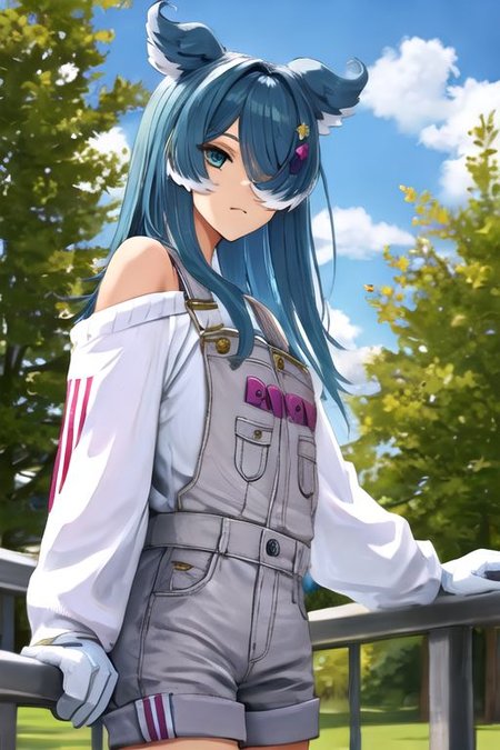 solo_focus, 1girl, (((masterpiece))), ((best quality)), ((ultra-detailed)), high resolution, absurdres, highres, ultra-detailed 8k unity wallpaper, 
elira1st, long sleeves, overalls, white sweater, off shoulder, grey gloves, one eye covered, overall shorts,