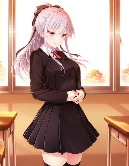 1girl, solo, 
<lora:Kisaragi_Mizuha_LCD_v05:1> kisaragimizuhalcd, braid, hair bow, hair ribbon, black ribbon,
long sleeves, pleated skirt, school uniform, shirt, black jacket, wing collar, red ribbon, thighhighs, zettai ryouiki,
light smile, 
Laughing, holding belly
classroom, window, masterpiece, best quality, amazing quality,