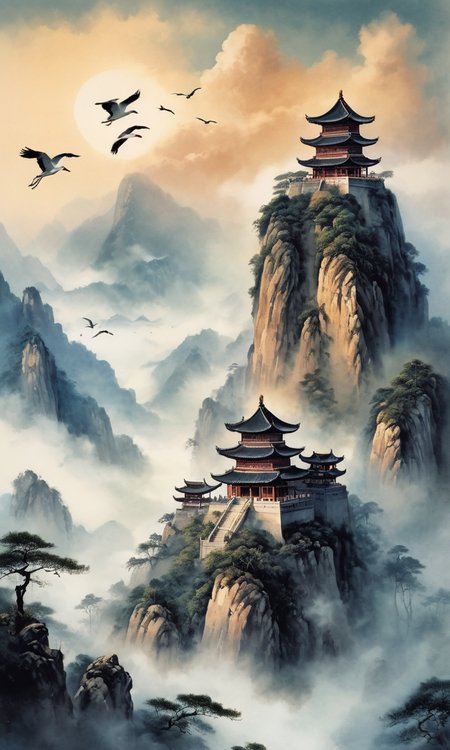  ink painting style, temple on the top of the mountain, cranes, clouds and mist