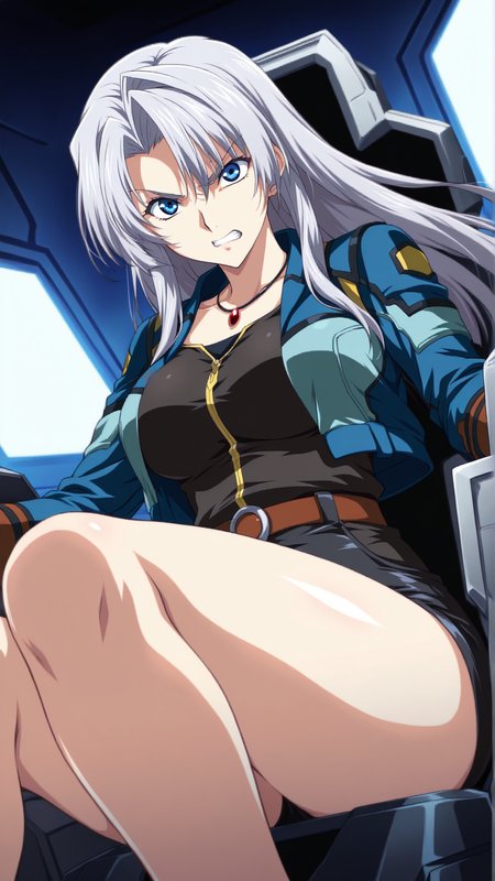 source_anime, general, best quality, masterpiece, 1girl,  <lora:Calvina_ill:1> calvina\(srw\),silver hair,long hair,blue eyes,thighs, jewelry,  thick thighs, necklace, blue jacket, black_shirt,black_short shorts,belt,dynamic pose, dutch angle, cockpit, angry,   sitting,