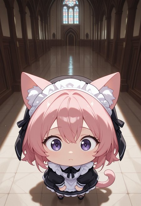 score_9,score_8_up,score_7_up,expressiveh,source_anime,best quality,masterpiece, depth of field, cinematic lighting, source_cartoon,cartoon style,Break, 1 girl, solo, 18 years old, CivChan, purple eyes, pink hair, cat ears, cat tail, chibi, meme,  nun, church