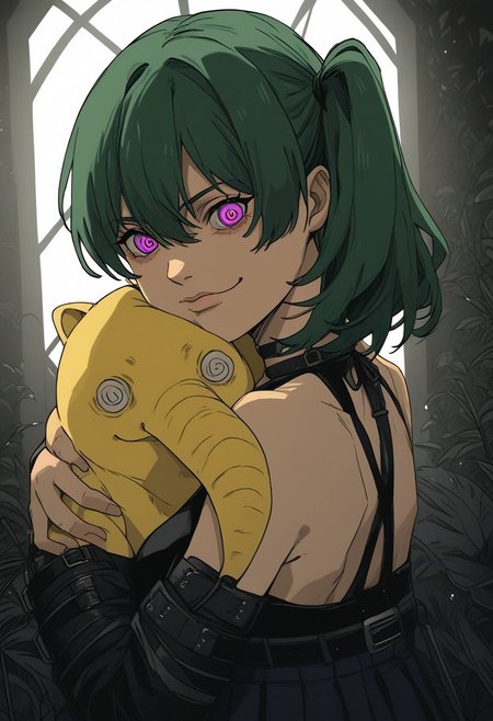 score_9, score_8_up, score_7_up, score_6_up,  <lora:p3tl0v3XLP:1> ubel, green hair, purple eyes, evil eyes, 
smirk, 
bangs, hair between eyes, side ponytail,
athletic body,
black choker, halterneck, collarbones,
pleated skirt, black sleeveless dress,
(hugging a cute Drowzee, looking at viewer, latex, belt, bondage, restrained, ),
inside a chambered house full of snakes, poisonous plants,
back lighting, dramatic lighting, horror, dangerous,