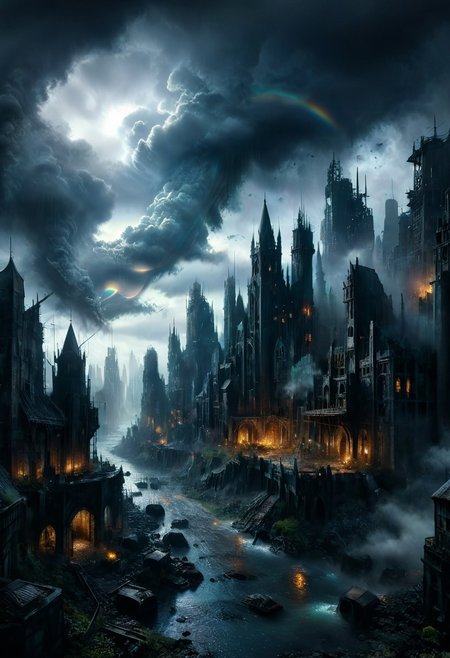 dark, low-key, hvrn, heavy rain,
A detailed dramatic illustration of a dark fantasy medievil city, with grey color dark magic splash, rainbow in the sky, rainbow over a dark fantasy city, heavy rain, dark gothic, 3D Vector Art, fantasy art, watercolor effect, bokeh, Adobe Illustrator, hand-drawn, digital art, isometric style, retro aesthetic, focused on the character, 4K resolution, photorealistic rendering, using cinema 4D, view from above, 
Wide range of colors., Dramatic,Dynamic,Cinematic,Sharp details
Insane quality. Insane resolution. Insane details. Masterpiece. 32k resolution.
dvr-lnds-sdxl, ral-apoctvisn, zavy-rmlght,