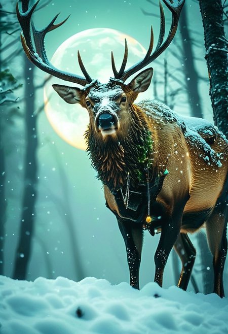 ((his face hidden by hood, black gloves, muscular build, greenish hood)) ((elk adorned with pixies perched on its antlers, pixies resemble living diodes, bright pixies 
moon in the background
foggy evening
snow
sharp focus, 
cold lighting
ArtStation concept art,