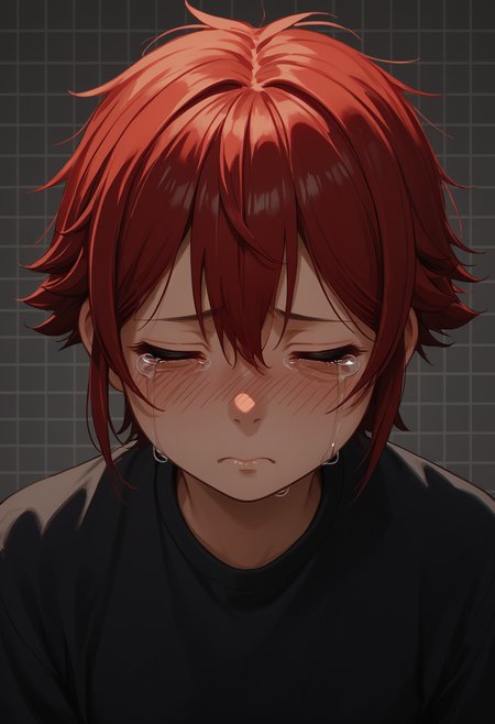 score_9, score_8_up,score_7_up, source_anime, 1girl, solo, <lora:aizwtm_pdxl_EliPot:1>, aizawatomo, red hair, short hair, red eyes, tomboy,
 crying, closed eyes, nose blush, sad, tears, bags under eyes, dark gray background, simple background, grid background,
