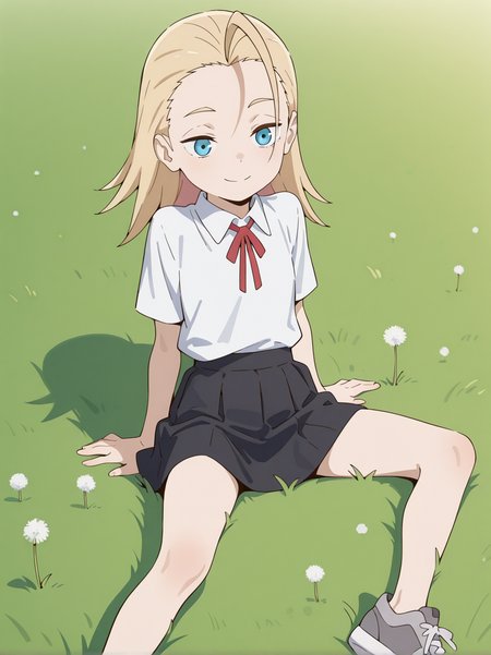 (masterpiece:1.4), (best quality:1.4),  very aesthetic, newest,best quality, amazing quality, very aesthetic, absurdres,
 1girl,jobko, blue eyes,  blonde hair,  long hair, forehead,antenna hair,medium hair, 
 black skirt,miniskirt, short sleeve, white shirt,collared shirt,neck ribbon,red ribbon,grey sneakers
, eyebrows,  <lora:jobko:1>
smile,
sitting ,dandelion,grass field