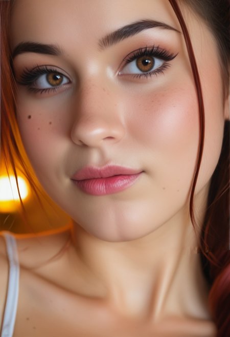 Stable_Yogis_PDXL_Positives,  <lora:ponychar3-0-RBSYPV3:0.7>
   ponychar3-RBSYPV3, curvaceous2, long hair, looking at viewer, burgundy hair,  brown eyes,   mole,  portrait, freckles, realistic , 
 dynamic angle, cinematic, Depth of field, bokeh, best_quality, cinematic, light particles, highly_detailed, very_aesthetic, beautiful_and_aesthetic, top_quality, hyperrealistic, photorealistic, ultra detail, curves, sexy,  Ultra realistic, masterpiece. 8k, HDR,absurd_res, hi_res, detailed face, highly detailed, very aesthetic, Cinematic, absurdres, RAW, source_photo, high quality photography, ,realistic, real life,