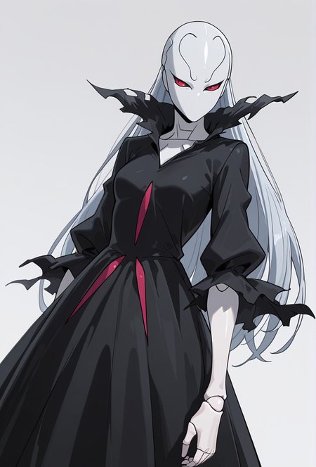 Smooth Quality,masterpiece,very intricate, high quality details, ultra realistic, high detailed skin,detailed enviorement,absurdres,
simple background, white background, 
dynamic angle,annoyed, furrowed brows, sideways glance,,solo,
 <lora:Berettacnn:0.8>  beretacnn,1girl, long hair,red eyes, (mask:1.1), black dress,silver hair, doll joints, no humans, no mouth,