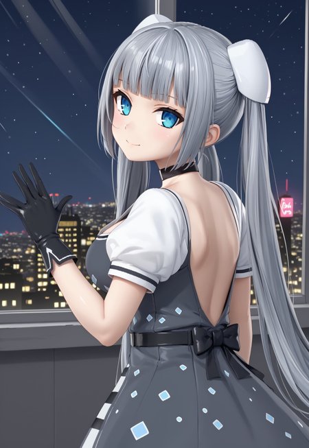MMDress, long hair, puffy short sleeves, black gloves, twintails, grey hair, blunt bangs, black choker, blue eyes, grey dress, hair ornament, hairpods, checkered dress, collarbone, black belt, large breasts, 

looking at viewer, head tilt, closed mouth, from behind, looking back, light smile, back, shoulder blades, 

window, cityscape, billboard, neon lights, dark, night, night sky, 

1girl, solo, solo focus, highres, absurdres, light particles, backlighting, shade, light rays, lens flare, shiny skin, fine fabric emphasis,