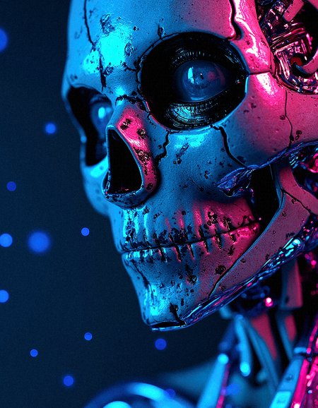 Mechanical Symbiosis of Flesh and Circuitry, a detailed, close-up view of a female cyborg’s face, with Perfect Eyes and Detailed skin, where a skeletal mask, dripping with viscous fluids, is fused with her skin. Neon blue and magenta circuitry from a digital matrix meld into her features, as if her entire being is one with the digital world. Her piercing blue eye seems to be a window into an advanced AI, pulsating with awareness. The metallic components of her face glisten under the electric light, while the digital circuitry network surrounds her like a halo, creating an ethereal, yet haunting, atmosphere. The background fades into a digital abyss, where cascading lines and neon patterns reflect her connection to this cyber network, suggesting she is a conduit of pure data.








