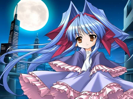 score_9, score_8_up, score_7_up, source_GAME, rating_explicit, BREAK <lora:Shion_mahjong_XL:1> Shion_mahjong, very long hair, blue hair, hair bow, hair intakes, brown eyes,  short stack, hair bow, white and purple dress 
solo, bow, upper body, capelet, frills, wine red hair ribbon,  looking at viewer,
cute face
cyberpunk, gigantic size full moon,  night, near future city, buildings, outdoors,
