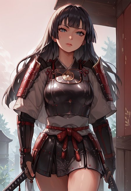 score_9, score_8_up, score_7_up,  1 woman, Japanese, samurai, looks around 20, long hair, straight hair, black hair, medium natural breasts, female focus, katana, samurai armor, rushing at viewer