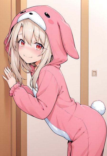highres, best quality, masterpiece, indoors,
1girl, solo, illyasviel von einzbern, 
kigurumi, 
looking at viewer, blush, smile, embarrassed,
standing, leaning forward, from side,
 <lora:_onib-sty-elesico-ilxl-40:1>