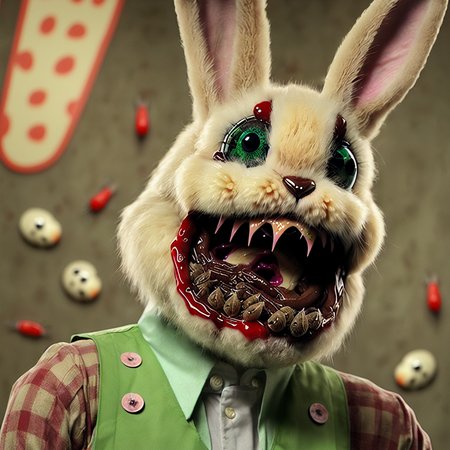 masterpiece, (horrific:1.3), (nonhuman:1.2) (monsters:1.4) (easter bunny rabbit:1.4), (Trypophobia:1.3), (oozing:1.2), (glistening:1.3), (gore:1.3), (wounds:1.3), (rotting:1.3), (decaying:1.3), (maggots:1.2), (kawaii:1.3), (studio ghibli:0.9), mischievous, cheeky, (Smiling Ecstatically:1.1), (dark bloody lipstick:1.3), (big luscious kissable lips:1.3), (multiple rows of tiny sharp needle teeth:1.4), (small tiny flatter breasts:1.4), sexy, sweet, (chunky:0.8), (pregnant:0.9), (psychedelic:0.9), (fur is covered in maggots and rotting decaying flesh:1.3), (background is an amusement park:1.3), ominous, creepy, disturbing, eerie, by Wes Craven, by David Cronenberg, 4k, 8k, uhd, ultrarealistic, ridiculously high resolution, HDR