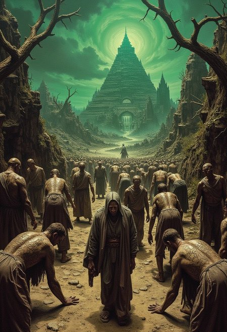 The Pilgrimage of the Damned: In the spirit of Gustave Doré's darkest and most haunting works, a low angle, wide shot captures a winding procession of flagellants, their bodies brutally scarred and mutilated, crawling through a desolate, hellish landscape reminiscent of Doré's eerie illustrations of Dante's Inferno. The atmosphere is thick with foreboding, as if the very air is heavy with the weight of sin. Twisted, thorny vines and skeletal trees, inspired by Doré's iconic Gothic architecture in his illustrations of Notre Dame, litter the barren terrain. The flagellants' tattered robes are etched with intricate, labyrinthine patterns, evoking Doré's meticulous attention to detail in his engravings. A lone figure in the foreground, his face a twisted mask of agony and devotion, draws the viewer's gaze towards the distant, crumbling ziggurat, its architecture inspired by Doré's fantastical depictions of ancient cities, pulsating with an otherworldly green glow, beckoning the damned towards their fate.detailmaximizer, Kodak Portra 400 analog film stocks, Kodak Portra 400 analog film stocks style, in the style of Jed-clrfl, painting