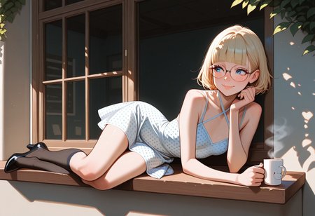 masterpiece, best quality, 32k, high resolution, absurdres, .saly, blonde, eyeglasses, slim, blue eyes, eyeglasses, short hair, blunt bangs, cute face, beautiful lips, small breasts, freckles, shy smile, leaning on high counter, hightop, (looking out the window), dappled sunlight, morning sun, drinking coffee, holding coffee mug, dress, kneehighs, polka dot, black heels, masterpiece, best quality, newest, absurdres, highres, very awa,