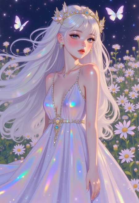 pinkprismaticglow,
A graceful woman with pale iridescent skin and eyes that shift between hues of teal and lavender. Her long, pastel rainbow hair cascades like flowing silk, reflecting soft aurora colors. Tiny ethereal butterflies glow around her, fluttering in the twilight breeze. She wears a sheer, flowing gown that blends seamlessly with the dreamy atmosphere, as a glowing meadow of bioluminescent flowers stretches behind her.