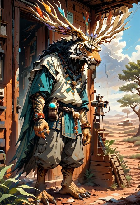 solo, Xerneas, sinozick style, alien humanoid, qinglong, dragon, tiger, peregrine falcon, amazigh tattoo, berber tattoo, moose, man, longxiang style, m0nst3r, tig, chinese dragon, long muzzle, big fangs, orange and black fur, green scales, jade patterened scales, scaly arms, male_tiger, emerald tree boa, anthro, furry male, standing, curious smile, holding binoculars, teal tank top, light gray shorts, jewelry, bracelets, rings, BREAK,
New Mexico desert, southwestern desert, desert, rock, weed, scattered trees, thunderstorm, day, sunlight through clouds, thunderclouds in background, BREAK,
cabin, adobe cabin, mud bricks, windows, wooden beams, lumber, mud walls, adobe, garden, door, open door, small electric lightbulb
