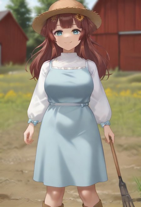 1girl, solo, solo focus, highres, absurdres, RemiSprings, hair flower, sunflower hair ornament, brown hair, long hair, bangs, blue eyes, straw hat, 
blue dress, white shirt, hair bow, blue bow, bangs, long sleeves, mature female, large breasts, 
looking at viewer, smile, closed mouth, holding pitchfork, pitchfork,
brown boots, light particles, full body, 
day, sunlight, rural, barn,