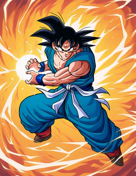 score_9, score_8_up, score_7_up,
gokuxl, solo,1boy,  black eyes, looking at viewer,
  full body, energy ball, kamehameha charge stance, aura,serious,glowing, pectorals, wristband, sash, blue dougi,
<lora:gokuxl-000004:1>, <lora:kamehameha charge stance:0.7>
