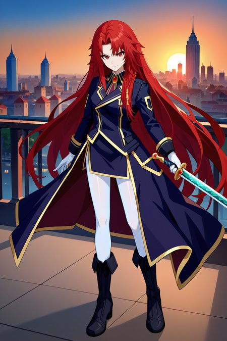 score_9, score_8_up, score_7_up, score_6_up, source_anime, 1girl, solo, <lora:irismidgar-pdxl-nvwls-v1-000004:1> irsmdgr, red hair, long hair, braid, red eyes, black coat, black uniform, gold trim, black skirt, white pantyhose, white gloves, black boots, full body, holding sword, smirk, blue sky, sunset, looking at you, city