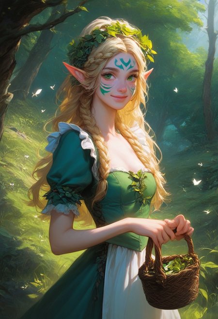 score_9, score_8_up, score_7_up, score_6_up, realistic, 
(1girl, solo, gentle elf maid), green eyes, slim body type, small breasts, light green skin with floral face paint, shy smile, long hair, straight with delicate braids, blonde hair with ivy intertwined, woodland-themed maid dress with floral accents, leaf-patterned headband, nature-themed jewelry, outdoors, standing in a forest clearing, vibrant green forest background, faint sunlight filtering through leaves, holding a wicker basket of herbs, soft misty aura, birds and butterflies fluttering around.
,Expressiveh