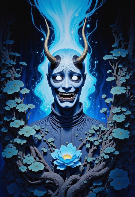 Studio Ghibli Dark Fairytale depicting a cursed hannya mask with horns and fangs blooming out of a blue lotus in a liminal bonsai garden with eerie radiating cyan and magenta miasma