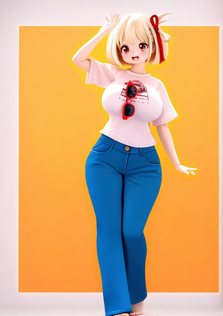 <lora:TinyFox:1>,1girl, nishikigi chisato, detailed background, huge breasts, wide hips, alternate costume, arm up, barefoot, blonde hair, blue pants, bob cut, casual, dot nose, eyewear hang, full body, grey background, hair ribbon, light blush, looking at viewer, open mouth, pants, red eyes, red ribbon, ribbon, shirt, short hair, short sleeves, smile, solo, standing, t-shirt, tareme, unworn eyewear, white shirt, 
very awa, masterpiece, best quality, highres, absurdes,amazing quality,year 2024,newest