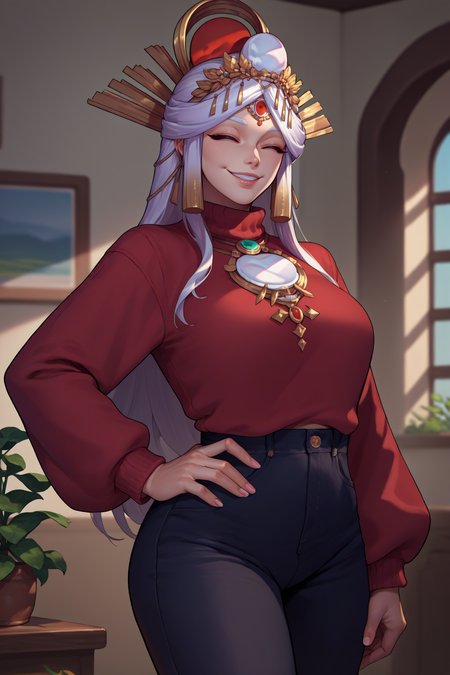 score_9, score_8_up, score_7_up, score_6_up, source_anime, 1girl, solo, <lora:miketsu-pdxl-nvwls-v1-000005:1> divmiketsu, white hair, headdress, hair ornament, red sweater, black pants, breasts, mature female, hand on hip, looking at you, smile, happy, closed eyes, indoors