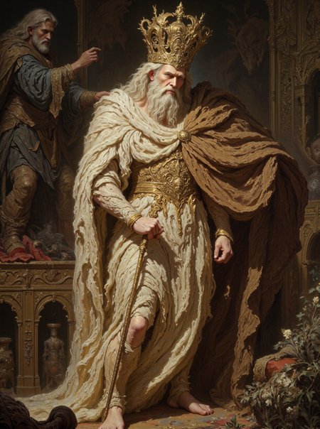 The image is a painting of a man with a long white beard and a golden crown on his head. He is standing in a room with ornate furniture and decorations in the background. The man is wearing a long robe and is holding a staff in his right hand. He has a serious expression on his face and appears to be deep in thought.

On the left side of the image, there is another man with long hair and a beard, who is standing behind him. He appears to have a beard and is looking off into the distance. The background is filled with various objects, including a statue of a lion, a book, and a vase with flowers. The overall mood of the painting is somber and contemplative.