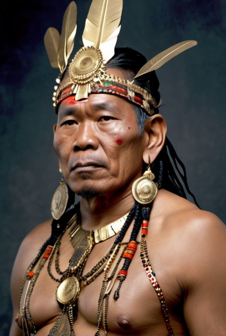 <lora:ChainHalterXL:0.8> chainhalter,  portrait of   a  shaman,  gold and sappgire accents elaborate costume, flowing robes