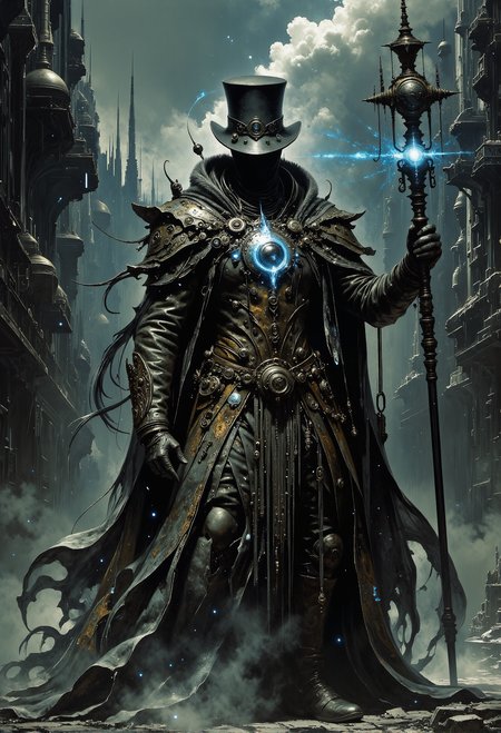 A mysterious figure emerges from a dense industrial fog, dressed in worn steampunk gear. His glowing mechanical eyes peer from beneath a black top hat decorated with gears and cogs. His long, tattered coat shimmers with brass and copper details, and he wields a steam-powered staff, radiating an eerie blue glow. Soot-streaked boots tread over cobblestone streets as dark tendrils of shadow coil around him. Towering factories with smoke-belching chimneys loom in the background, setting a dark, dystopian mood. The character exudes a powerful, enigmatic presence. hknature <lora:flux_sparklycism.safetensors:0.5>,  <lora:artisketchyfs-v02.safetensors:0.75>,  <lora:Elden_Ring_-_Yoshitaka_Amano.safetensors:1.0>,  <lora:dark_fantasy_flux.safetensors:0.5>,  <lora:The_Dark_Side_Of_The_Future.safetensors:0.33>,