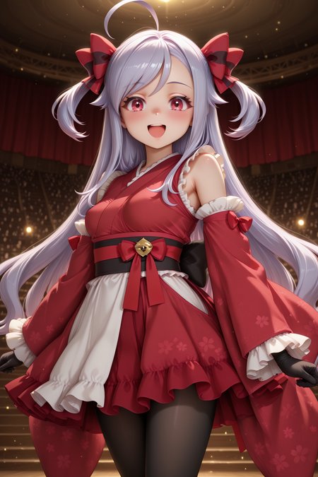 masterpiece, best quality, amazing quality, 1girl, solo, makeup, perspective, general, looking at viewer, cowboy shot, smile, blush, dynamic angle, from side, stage, singing as a role, <lora:Niizuma_Yae_SIRIUS:1>, Niizuma_Yae_SIRIUS, long hair, red eyes, hair bow, red ribbon, purple hair, two side up, ahoge, sidelocks, swept bangs, <lora:Hinagiku_Midnight_Kimono:1>, detached sleeves, japanese clothes, (oner bell hair ornament:0.9), ribbon hair ornament, black gloves, black pantyhose, red kimono, black frilled skirt, white frills in sleeves, white frills dress, <lora:wai-2Rectified-V140:1>, <lora:illustrious_noobai_epsilon_pred_1_masterpieces_v1:1>