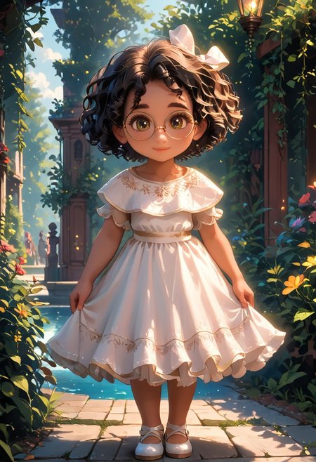 (masterpiece:1.5), 8k, best quality, ultra-detailed, (high res), cinematic lighting, beautiful lighting, high quality, studio quality, detailed, insanely detailed, extreme detail, refined detail, perfect detail, max detail, smooth lighting, detailed background, hyper detailed body, beautiful lighting, vibrant lighting, global illumination, absurdres, high-res, dynamic lighting, score_9, score_8_up, score_7_up, ponypositive, 1girl, solo, solo focus, (narrow waist, skinny, small body, slim), looking at viewer, (outdoors, floral garden), bright lighting, daylight, sunshine, cute, kawaii, gleaming eyes, big eyes, (closed mouth), happy, (standing), legs spread, alone, Expressiveh, ((¾ view)), (hands on the side of thighs), (rating_safe, sfw), YMirabel, (brown skin, chibi, short stature, hair bow, brown curly hair, brown sunshine eyes, glasses, white dress, white footwear, mary janes),  Expressiveh, adorable