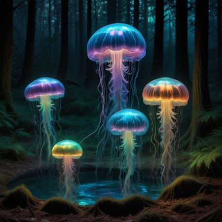 holographic translucent biolumiscent jellyfish on forest ground,alcohol ink and fluid thick oil,hyperrealistic,perfect mixed styles with amazing depth,iridescent complementary colors,dramatic flickering back light,surreal hypercreative masterwork by head of prompt engineering