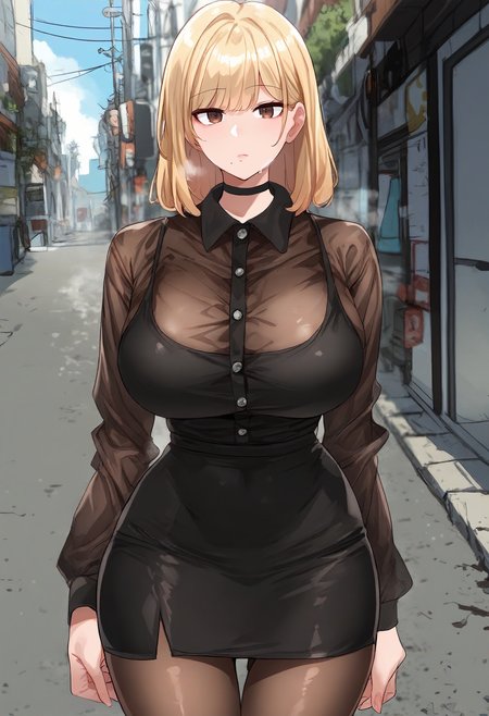 score_9, score_8_up, score_7_up, score_6_up, source_anime, rating_explicit, 1girl, solo, huge breasts,<lora:Park Dayoung prefectPonyxl:0.75> blonde hair, mole under mouth, brown eyes, medium hair, black choker, (see-through shirt:1.1), black shirt, collared shirt, buttons, black tank top, long sleeves, black skirt, pencil skirt, brown pantyhose, expressionless, Narrow shoulders, heavy breathing, steaming body, street, outdoors, looking at viewer