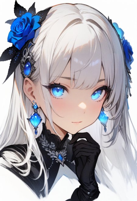 masterpiece, best quality, <lora:RECXL_ANI31_lokr_V43P1NF:0.95>  1girl, solo, hair ornament, flower, blue eyes, gloves, hair flower, blue flower, jewelry, black gloves, earrings, white background, looking at viewer, simple background, long hair, blue rose, rose, portrait, white hair, closed mouth, hand up, grey hair, cropped shoulders, hand on own chin
