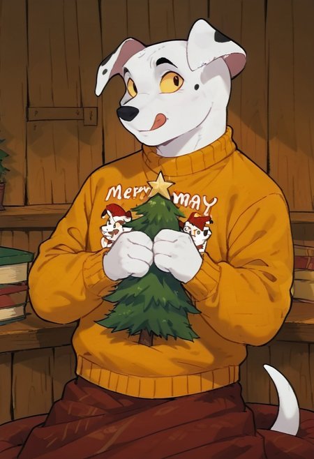score_9, score_8_up, score_7_up, hi res, high quality, anthropomorphic_snakes_(naga), orange body, spotted body, yellow sclera, slit pupil, scales, no humans, tail, colored sclera, inside, fluffy_new_year, merry_furistmas, cozy yellow sweater, christmas three, portrait, happy, tongue,  male, Rolly, Dalmatian, anthro, snake dog