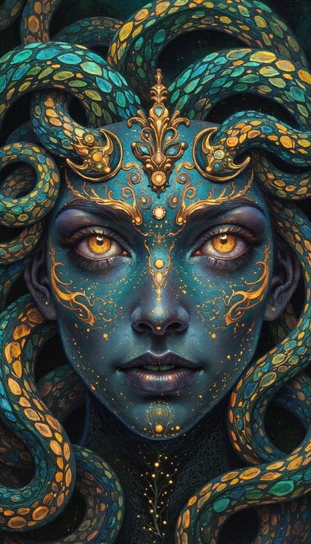 open_Impressionism,DIGITAL PAINTING,FLUORESCENT, GLOW,pointillist tetradic color dot technique,D4rch,fluidart style, scattered white dots,  A hyperrealistic portrait of Medusa, adorned in a chthonic headdress of emerald vipers, their scales catching the light. Her luminescent eyes, tinged with a baleful yellow, stare directly at the viewer. Employ a chiaroscuro lighting setup to accentuate her features and the serpentine forms. The background should evoke the tenebrous depths of a subterranean lair, with hints of ancient ruins suggesting her mythical origins.