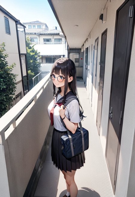 masterpiece, best quality, very aesthetic, absurdres,
1girl, glasses, black hair, long hair, school uniform, school bag, smile, blush, solo focus, standing, looking at another, 
rouka, hallway, scenery, window, building, day, sky, door, outdoors, blue sky, cityscape, city, real world location, 
 <lora:JProuka_apartment_hallway_SDXL_V1:1>