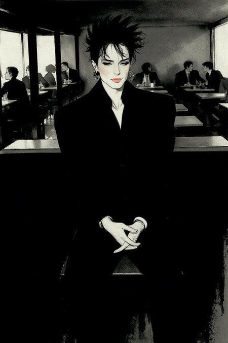 regr1 illustration.   
 a black-haired man seated in a dimly-lit restaurant. He is dressed in a dark-colored jacket and pants, his hands resting on his lap. The man's face is adorned with a spiky haircut, adding a pop of color to the otherwise monochromatic scene. The restaurant is filled with people, their tables and chairs visible in the background.  <lora:regr3_shoujo_nocap_d6a3:1.0><lora:808055735763155314:0>
