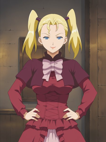 <lora:Tina-The_Duchess_of_Busty_Mounds:0.7>,Tina,1girl,solo,blonde hair,twintails,blue eyes,breasts,dress,cowboy shot,hands on own hips,looking at viewer,indoors,smile