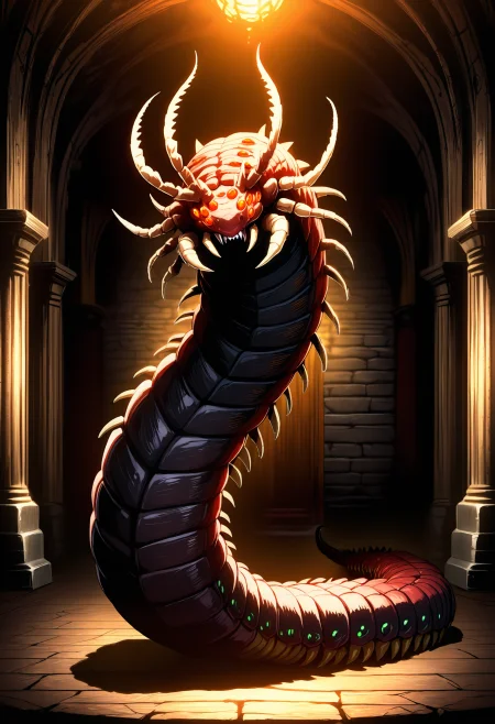 best quality, masterpiece, anime_screencap, hi res, best_quality, very aesthetic, absurdres, 8k, emst, no humans, worm, sharp teeth, mucus, spikes,  animal focus, full body, extra eyes, scales, antennae, centipede, fantasy, beautiful lighting, ray traced, dungeon, dim lighting, shadow, dark