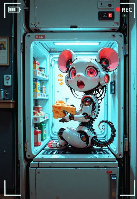 cybernetic mouse, robot mouse, mechanical body parts, cute, petite, animal focus, solo, sitting, sitting in opened fridge, curled tail, looking at viewer, surprised, open mouth, upper teeth, notice lines, holding, holding cheese, fridge, opened fridge door,  indoors, kitchen, freezer, futuristic, modern, night, spotlight, perspective, fisheye, viewfinder, recording, battery indicator,  painterly, volumetric lighting, close up, dynamic angle, no line art, no outline, photo (medium), fine art, masterpiece, best quality, good quality, very awa, very aesthetic, absurdres, newest, 8k, high contrast, in the style of cknc, haiz_ai