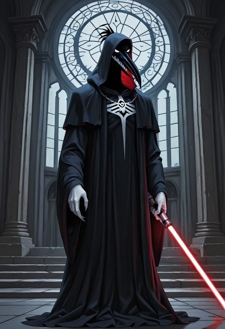 Masterpiece, best quality, highly detailed, absurdres, 1boy, (solo:1.2), cartoon, ch1ken, chicken, long beak, Black Sith lord robe, Hood, holding lightsaber, thick lightsaber, Sith temple background, detailed background, A3THER,