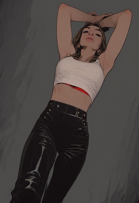 score_9, score_8_up, score_7_up, sinozick style , flat color, erotic theme , full body shot, bright colors,  source_comic, pinup girl pose, Expressive, shiny black leather pants, white tank top, red bra,  posing for erotic photoshoot, dynamic sexy pose,
BREAK 
dramatic angle, unique perspective, unique angle,