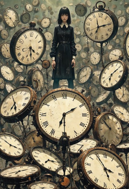 (in Otomo Katsuhiro style:1.2), masterpiece, high-quality, A woman standing in a field of broken clocks, each clock frozen at a different time, her hands stretch out and appear to blend with the hour and minute hands becoming part of the clocks themselves, Style is Surreal photorealism with intricate clock textures, muted tones, stillness, and timeless atmosphere, (elaborate fine details:1.1), (hyperdetailed:1.1), (intricate details:1.0), (Refined details:1.1), (best quality:1.1), (high resolution:1.2)   <lora:FLUX\artilands:0.6> <lora:FLUX\Anime v1.3:0.6> <lora:FLUX\CPA:0.5>