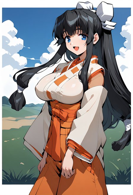 1girl, solo, (field:1.2), (sky:1.2), cowboy shot, smile, open mouth, large breasts, 
yamagami_shino, blue eyes, black hair, long hair, sidelocks, hair ribbon, kimono, miko, japanese clothes, wide sleeves, red hakama, <lora:yamagami_shino_pony_ver1:0.8>, score_9, score_8_up, score_7_up, source_anime, best quality, uncensored,