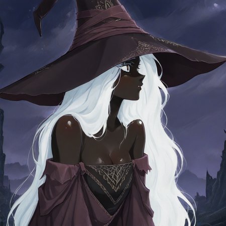 masterpiece, best quality, newest, absurdres, highres, vintage anime, 90s anime, 1girl, ERNRRE-V1.0, very dark skin, dark-skinned female, black skin, black colored skin, colored skin, hat, witch hat, robe, off shoulder, white hair,