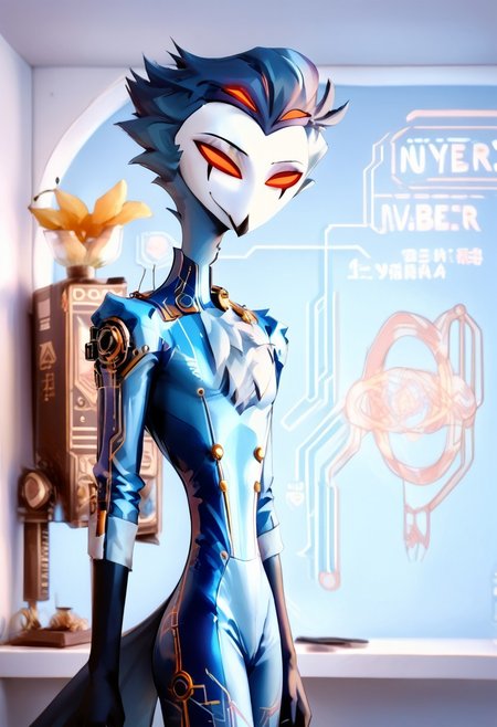 CyberpunkWorld, cyberpunk style, Stolas Goetia of Helluva Boss, 34 years old, gentle smile, nice and cozy red morning gown, colorful glowing server room, repairs server, StlsGtia_Dskfll, stolas, N0R3AL_PDXL, PonyXLV6_Scores, (blue cyber bodysuit:2), anthro, anthro bird, white face, red sclera, black hands, messy hair, large messy hair, dark blue messy hair, 4eyes, two sets of eyes, tail, bird tail, black and blue legs, (male anthro bird:1.3) (mechanical suit:1.4).